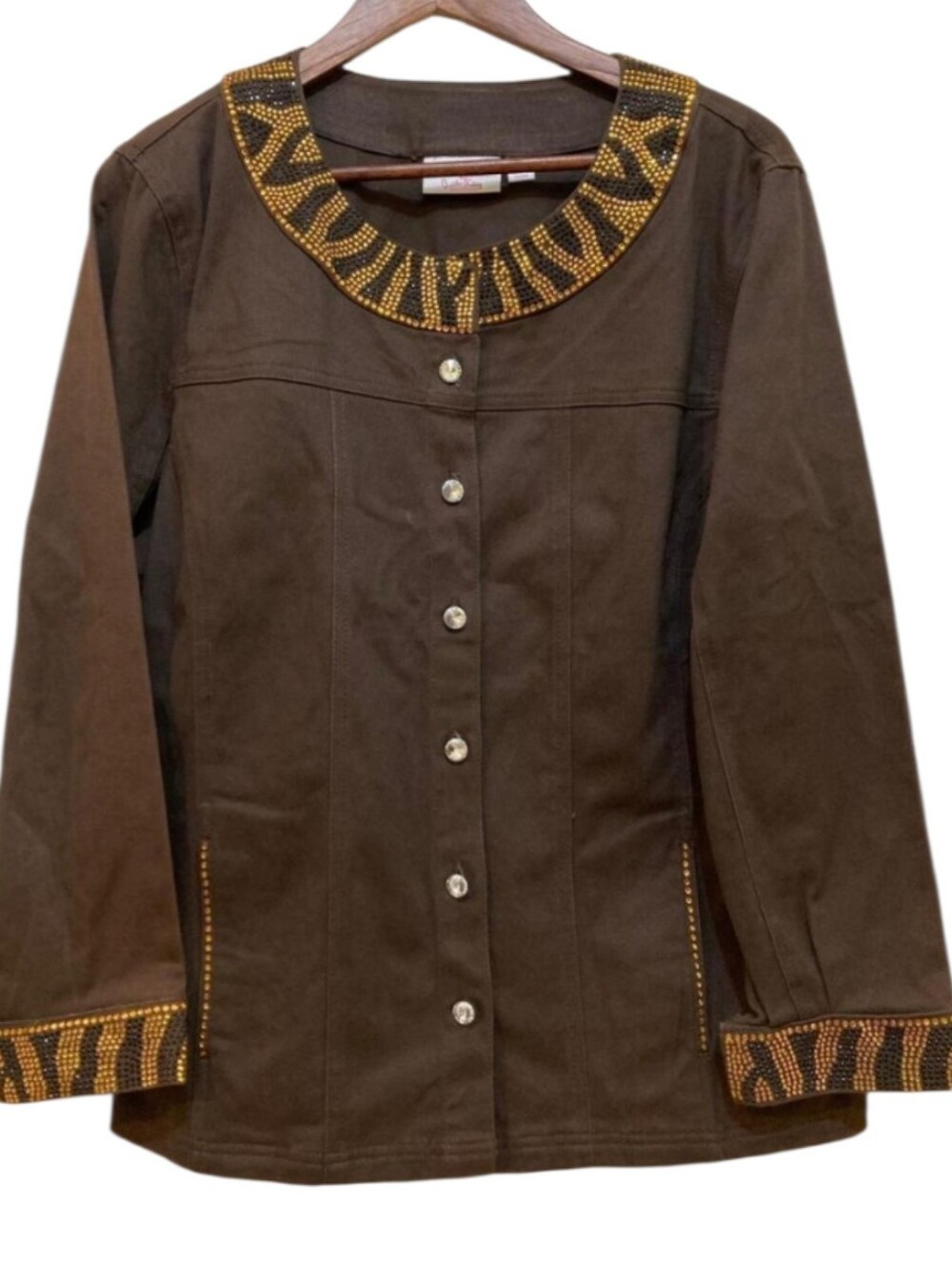 QUACKER FACTORY Brown Rhinestone Embellished Button Front Jacket Womens Size XS